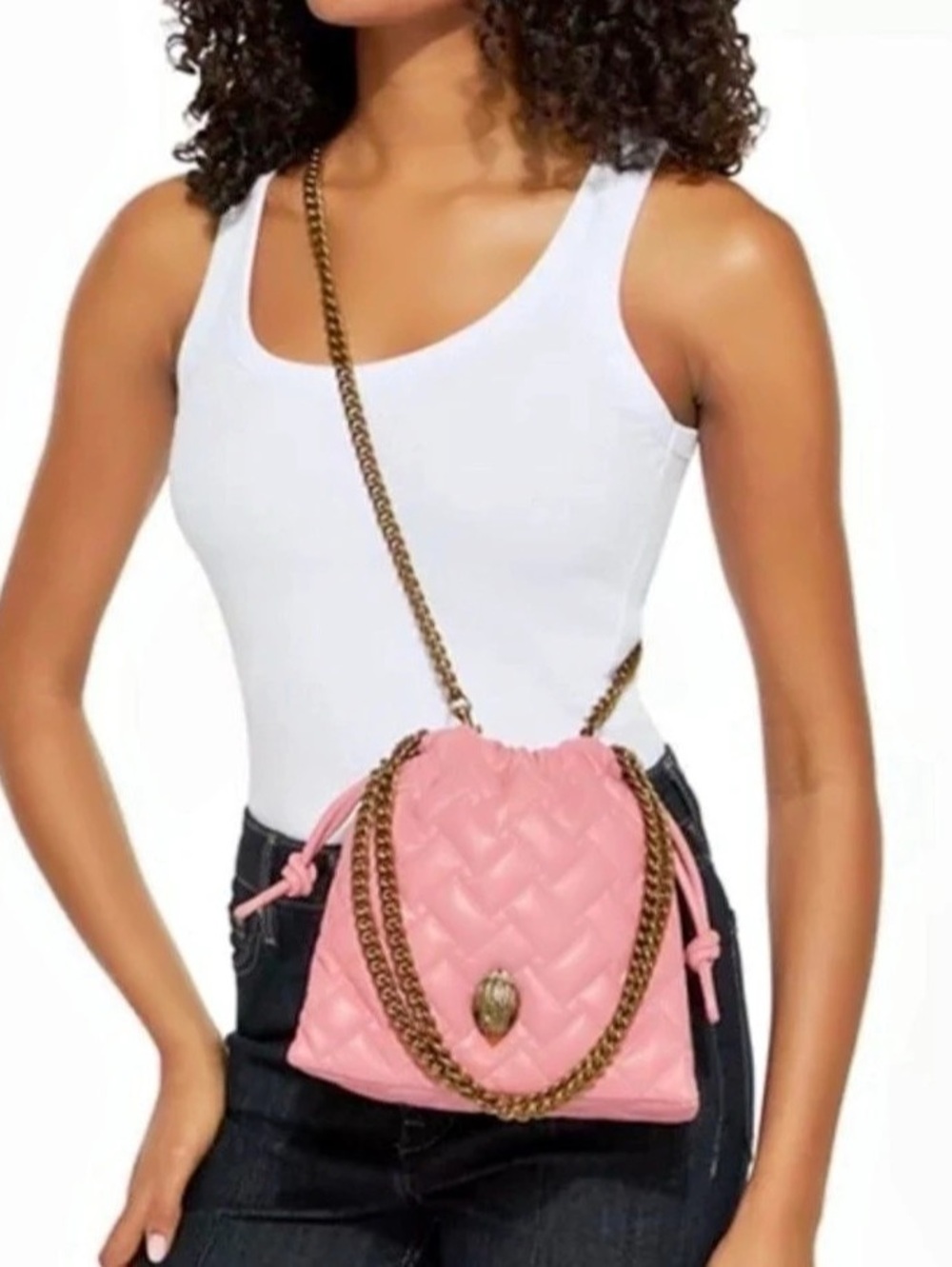 NWT Kurt Geiger Kensington Pink Quilted Leather Drawstring Bag w/Dust Bag